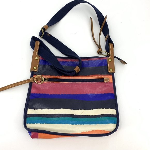 Fossil Coated Canvas Crossbody Purse Bag Bright Stripes Pink Blue Zip Top - Picture 3 of 5